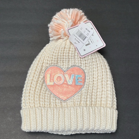 NWT Youth Beanies “Love2Design” Cream Pink “Love” Glitter Heart Girls MSRP $25 - Picture 1 of 7